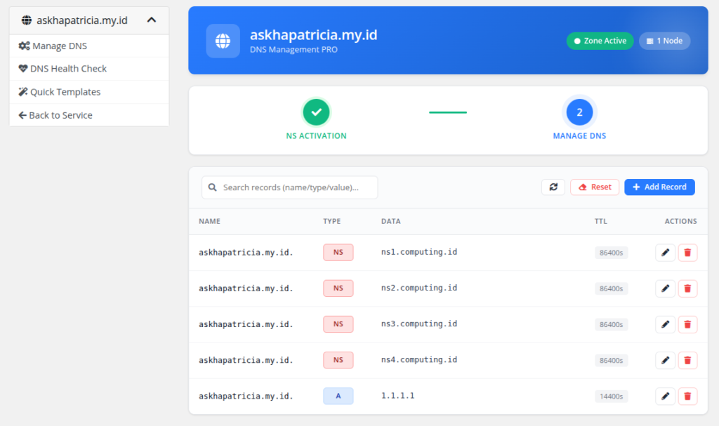 tampilan tabel DNS record dan tombol tambah record