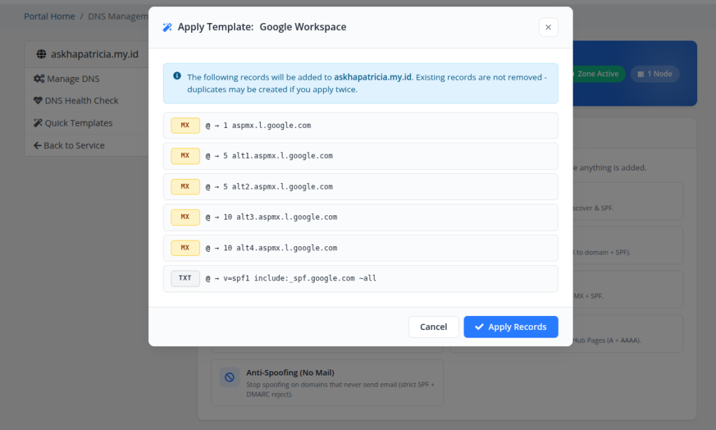 modal konfirmasi template dengan daftar record yang akan diterapkan